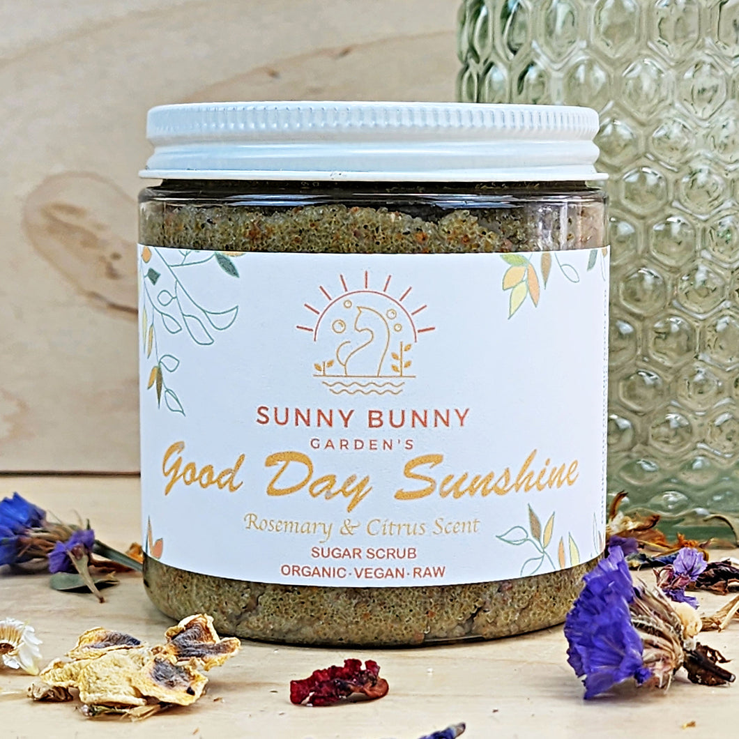 all natural sugar scrub scented with rosemary and grapefruit essential oils